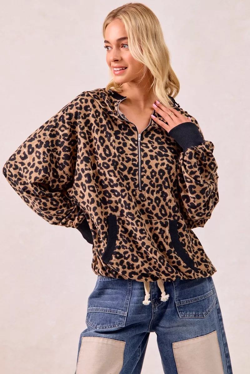 BiBi Leopard Print Waffle Half Zip Up Hoodie W Pocket on Simply Obsessed