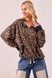 BiBi Leopard Print Waffle Half Zip Up Hoodie W Pocket on Simply Obsessed