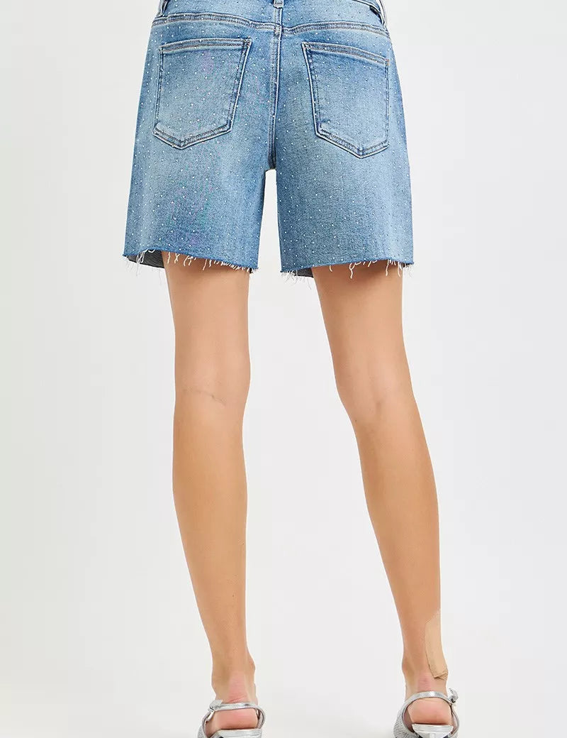 RISEN Slouchy Mid Length All Over Rhinestones Shorts on Simply Obsessed