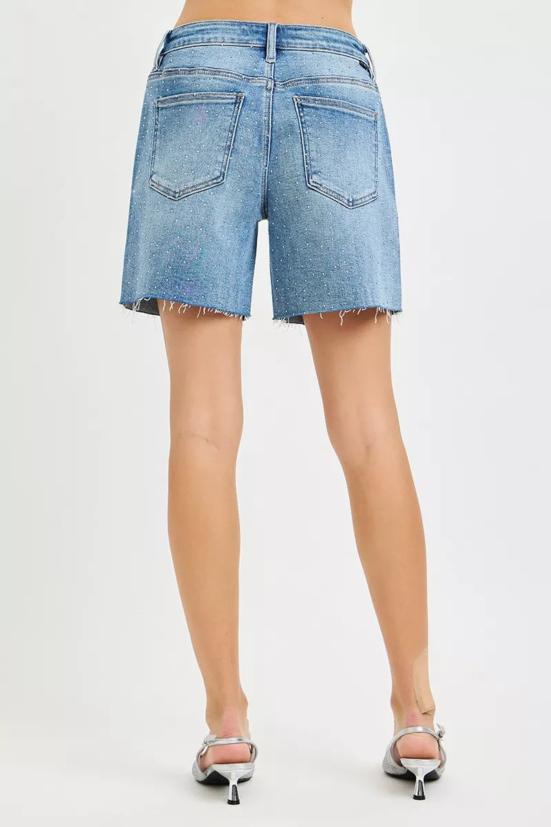 RISEN Slouchy Mid Length All Over Rhinestones Shorts on Simply Obsessed