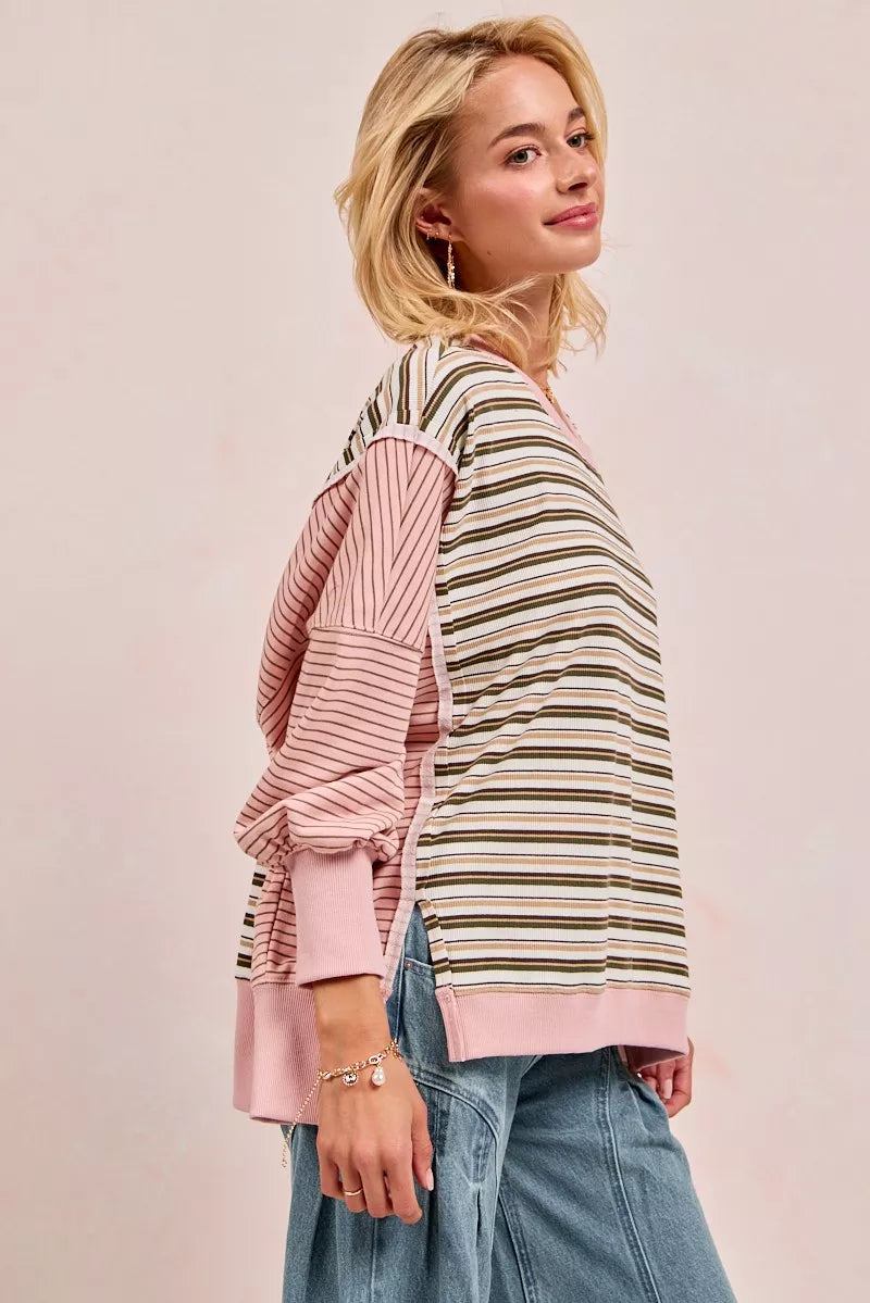 BIBI Stripe Mixed Top With Cut Edge And Reverse Outseam on Simply Obsessed
