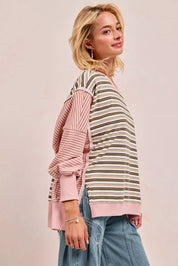 BIBI Stripe Mixed Top With Cut Edge And Reverse Outseam on Simply Obsessed