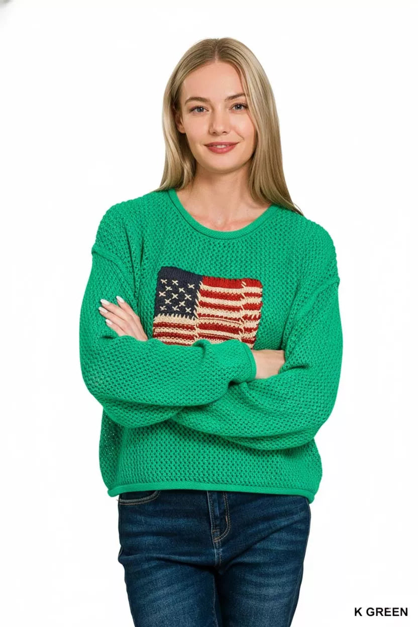 ZENANA American Flag Crew Neck Sweater on Simply Obsessed