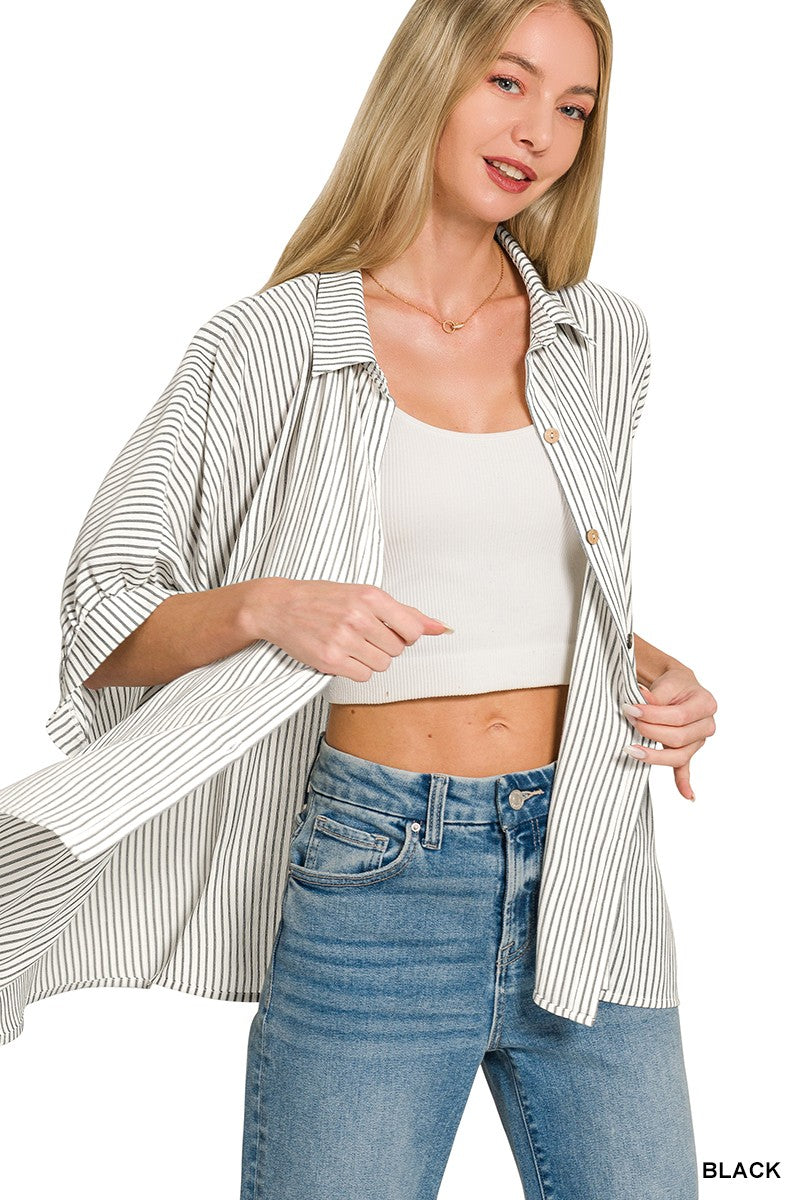 ZENANA Full Size Woven Stripe Button Down Boxy Shirt Plus Size on Simply Obsessed