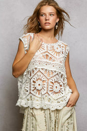 POL Openwork Round Neck Floral Crochet Tank on Simply Obsessed