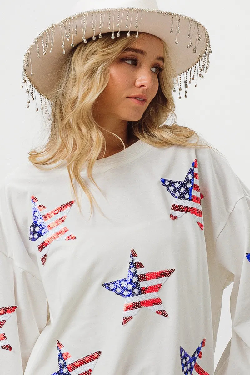 BIBI American Flag Sequin Star Sweatshirt on Simply Obsessed