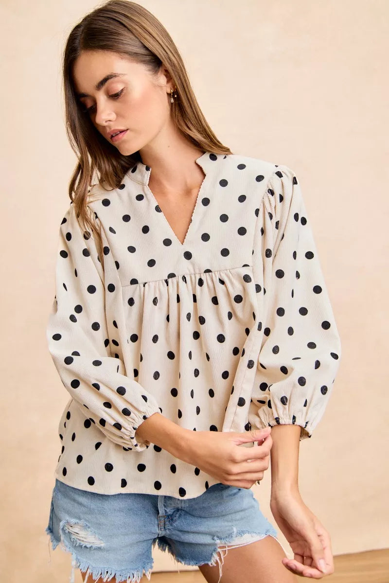 BIBI Polka Dot Corduroy Quarter Sleeves V Neck Blouse on Simply Obsessed
