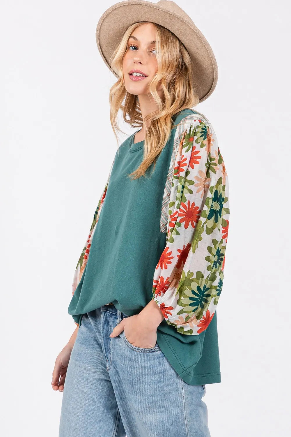 SAGE + FIG Full Size Printed Balloon Sleeve Contrast Top. **FALL DEBUT SALE** on Simply Obsessed