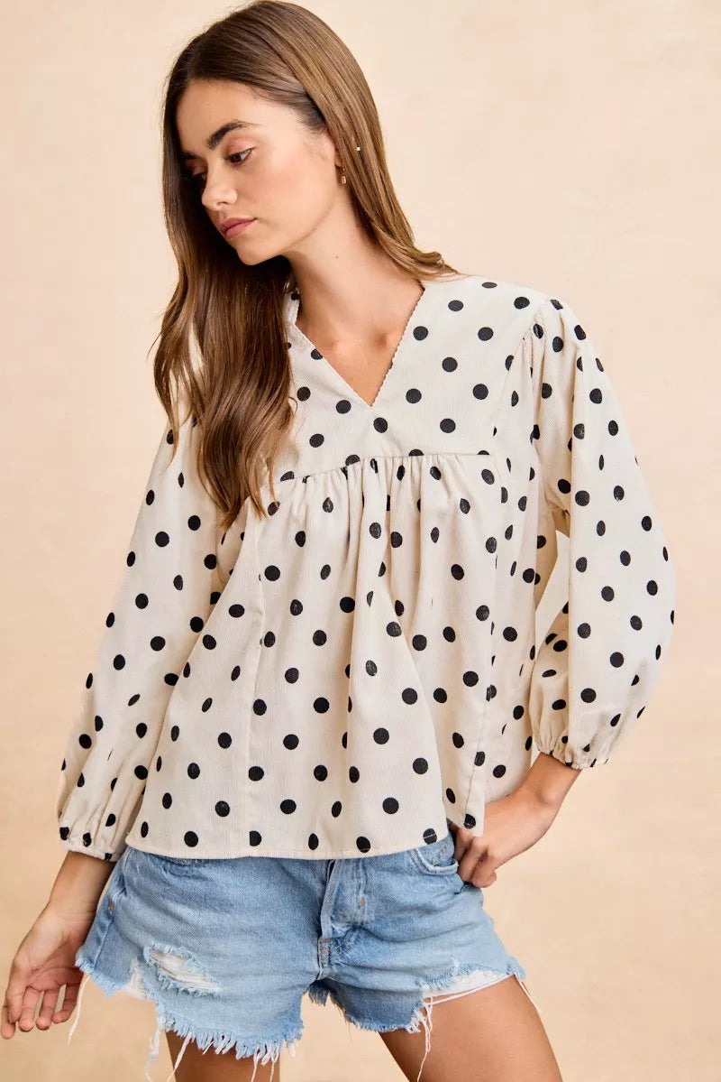BIBI Polka Dot Corduroy Quarter Sleeves V Neck Blouse on Simply Obsessed