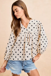 BIBI Polka Dot Corduroy Quarter Sleeves V Neck Blouse on Simply Obsessed