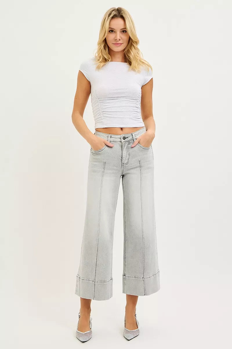 RISEN Tummy Control Mid Rise Crop Wide Pintuck Front Jeans on Simply Obsessed