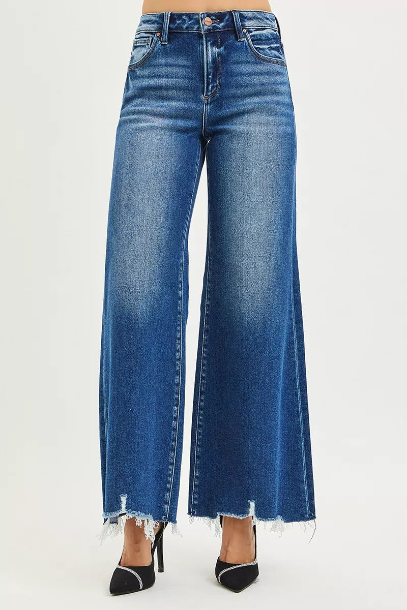 RISEN High Rise Wide Leg Jeans with Distressed Hem on Simply Obsessed