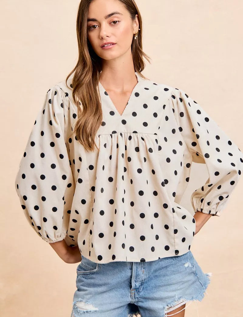 BIBI Polka Dot Corduroy Quarter Sleeves V Neck Blouse on Simply Obsessed
