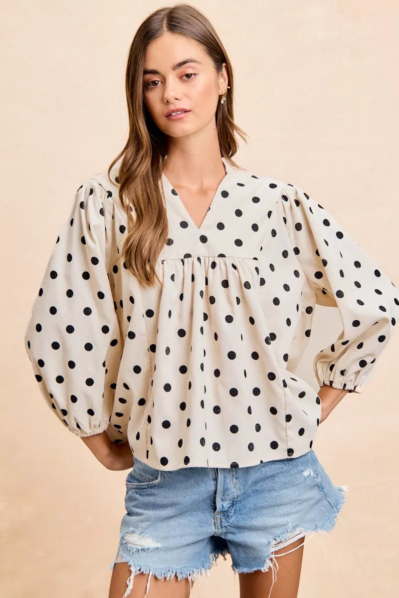BIBI Polka Dot Corduroy Quarter Sleeves V Neck Blouse on Simply Obsessed