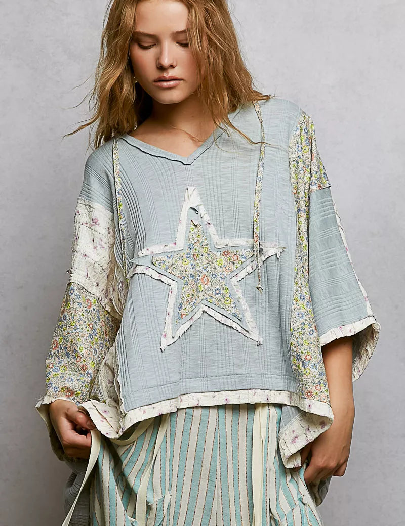 POL Floral Star Patch Hooded Blouse with Lace Contrast Detail on Simply Obsessed