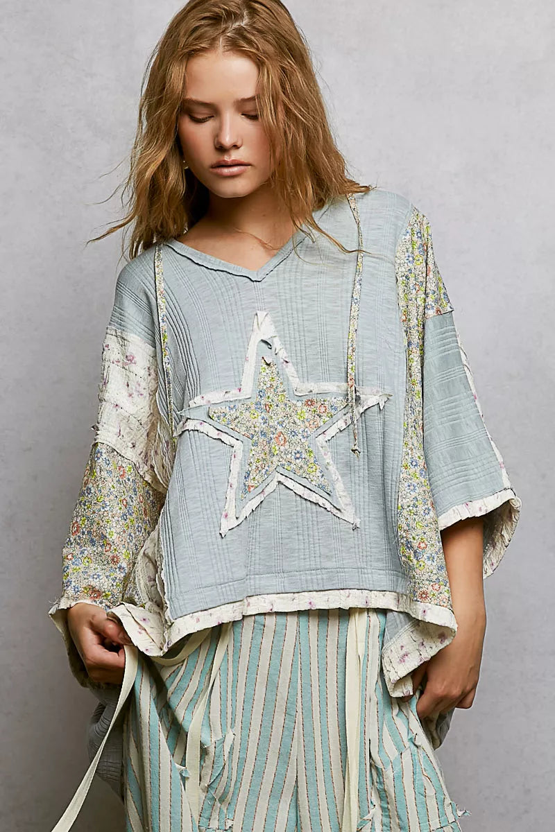 POL Floral Star Patch Hooded Blouse with Lace Contrast Detail on Simply Obsessed