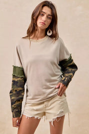 BiBi Camo Sleeve French Terry Top with Frayed Edge on Simply Obsessed