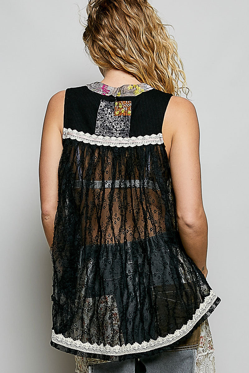 POL Floral V-Neck Sheer Tank with Lace Trim on Simply Obsessed