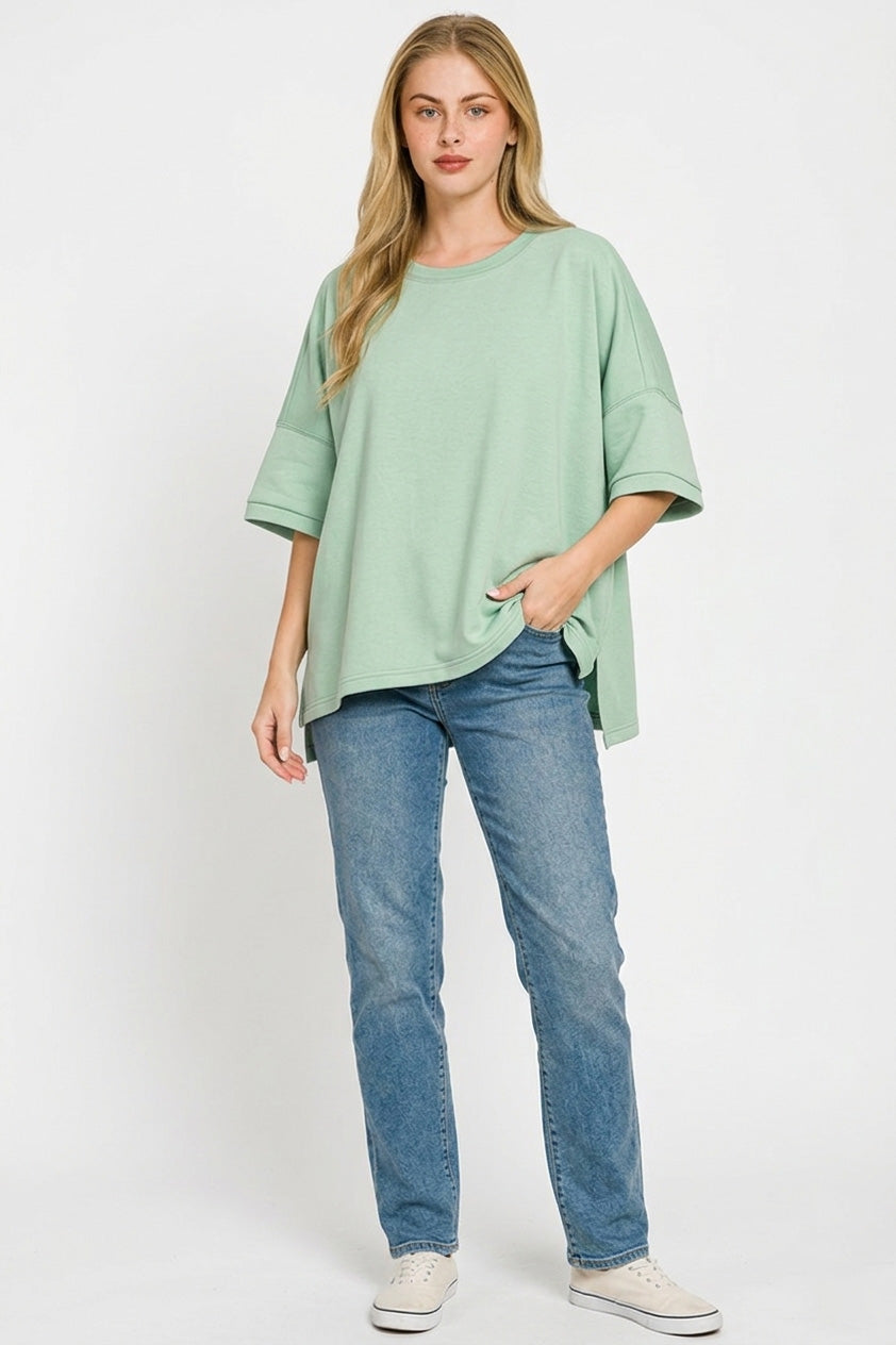 ZENANA Full Size Scuba Round Neck Top With Side Slits Plus Size on Simply Obsessed