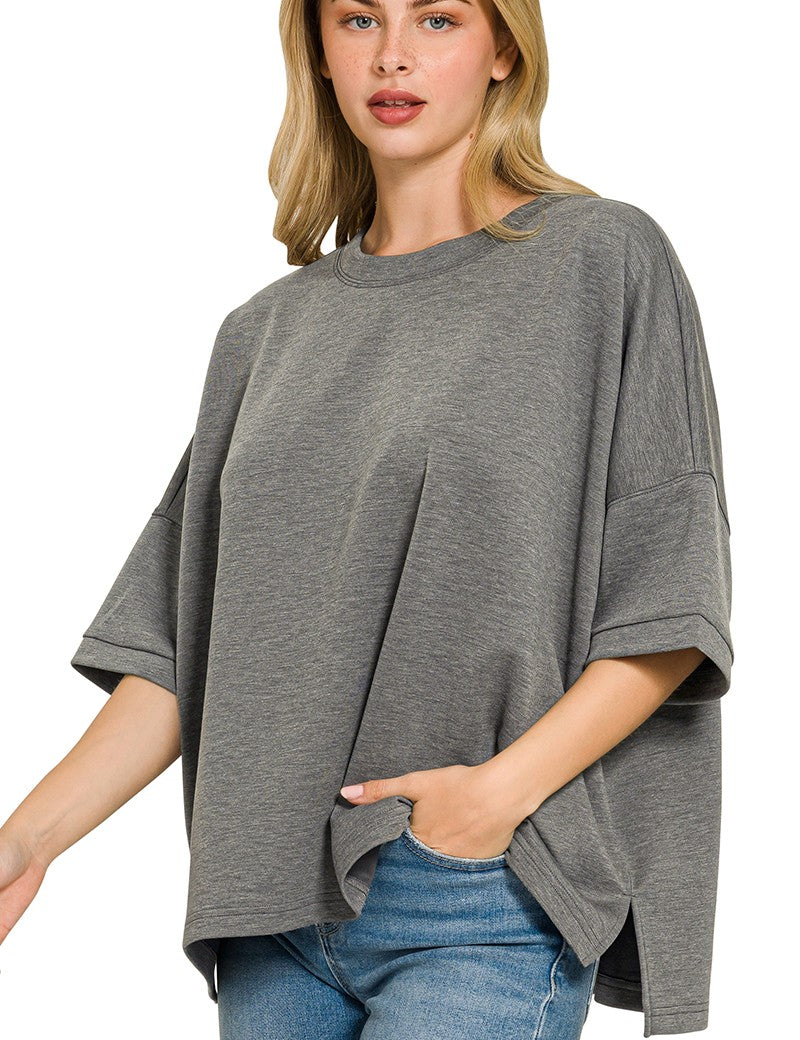ZENANA Full Size Scuba Round Neck Top With Side Slits Plus Size on Simply Obsessed