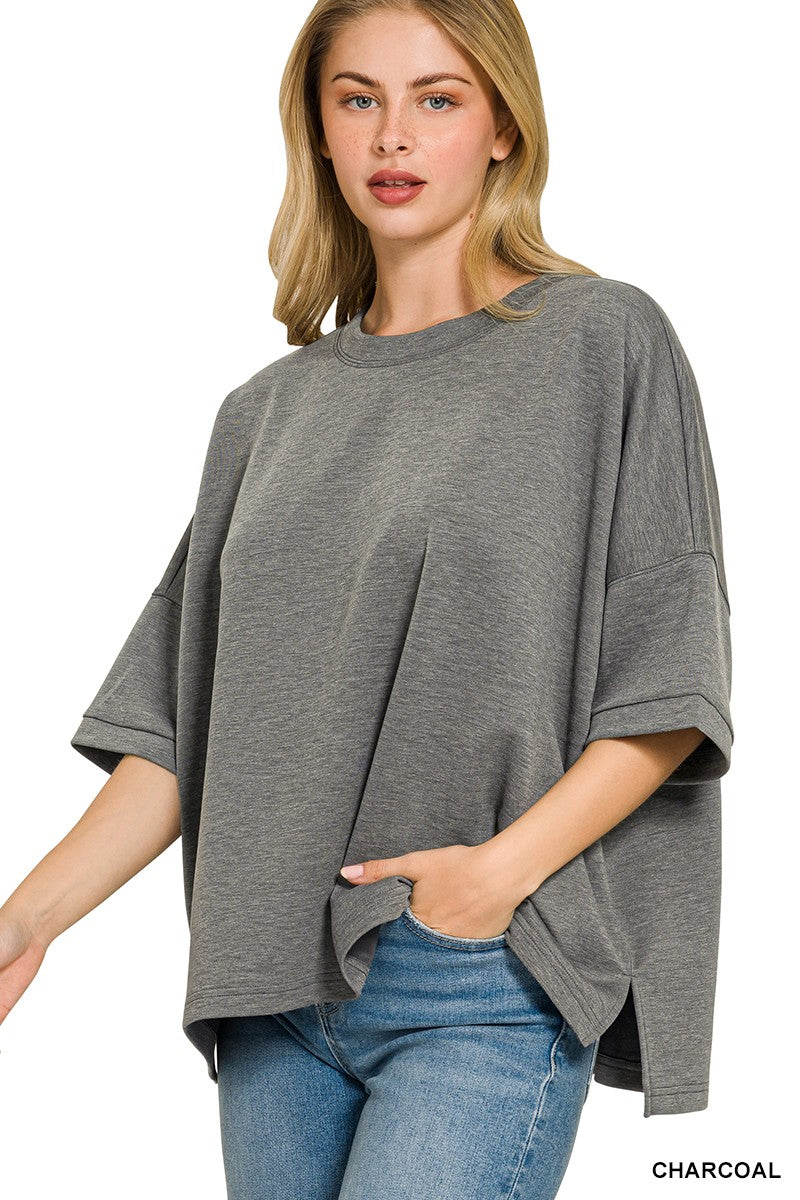 ZENANA Full Size Scuba Round Neck Top With Side Slits Plus Size on Simply Obsessed