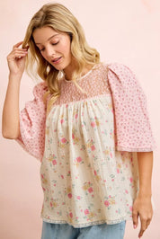 BIBI Crinkle Floral Gauze Mix And Matched Blouse Top on Simply Obsessed