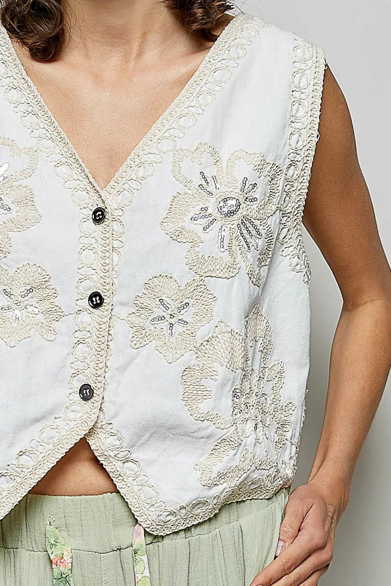 POL Embroidered Floral V-Neck Button Down Crochet Vest on Simply Obsessed