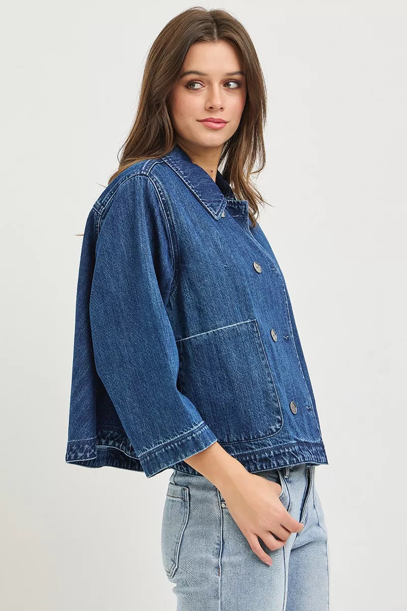 RISEN Double-Breasted Flowy Cropped Denim Jacket on Simply Obsessed