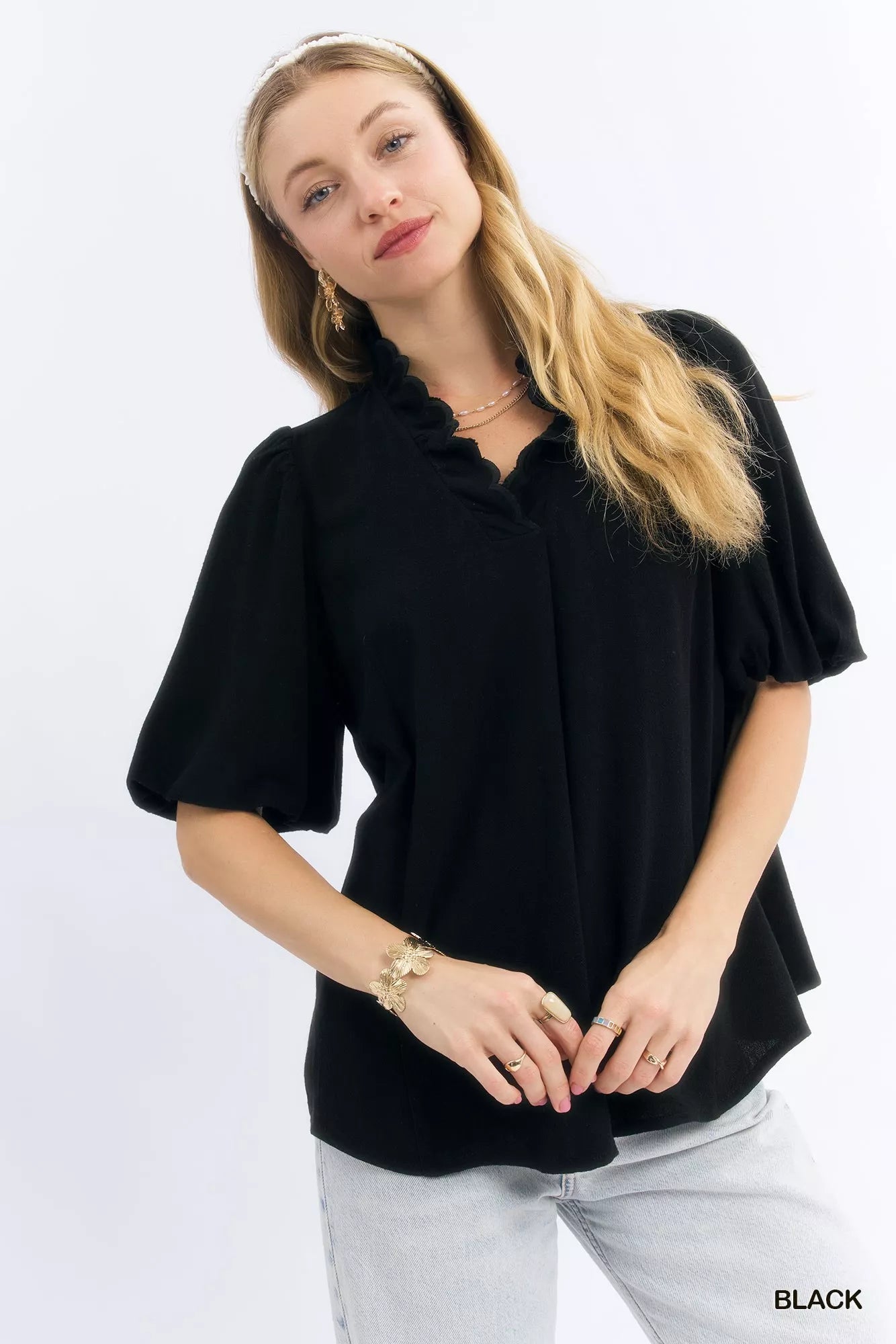 Umgee Linen Scallop Trim V-Neck Blouse on Simply Obsessed