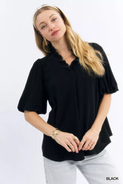 Umgee Linen Scallop Trim V-Neck Blouse on Simply Obsessed