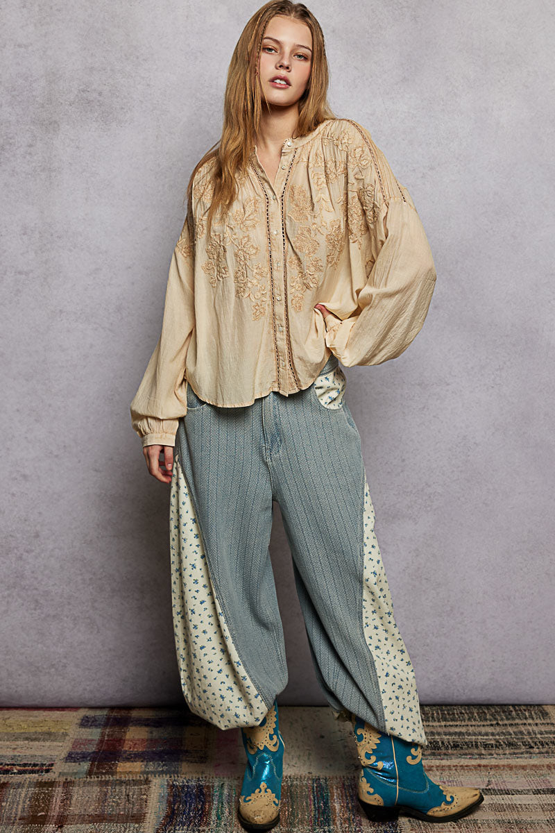 POL Embroidery Button Down Long Sleeve Washed Shirt on Simply Obsessed
