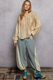POL Embroidery Button Down Long Sleeve Washed Shirt on Simply Obsessed