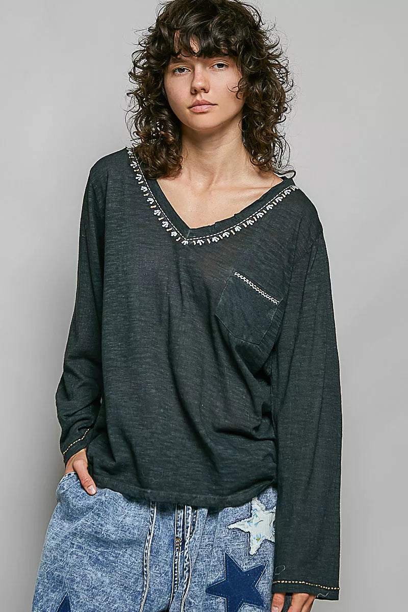 POL Contrast Stitch V-Neck Lightweight Knit Long Sleeve Top on Simply Obsessed