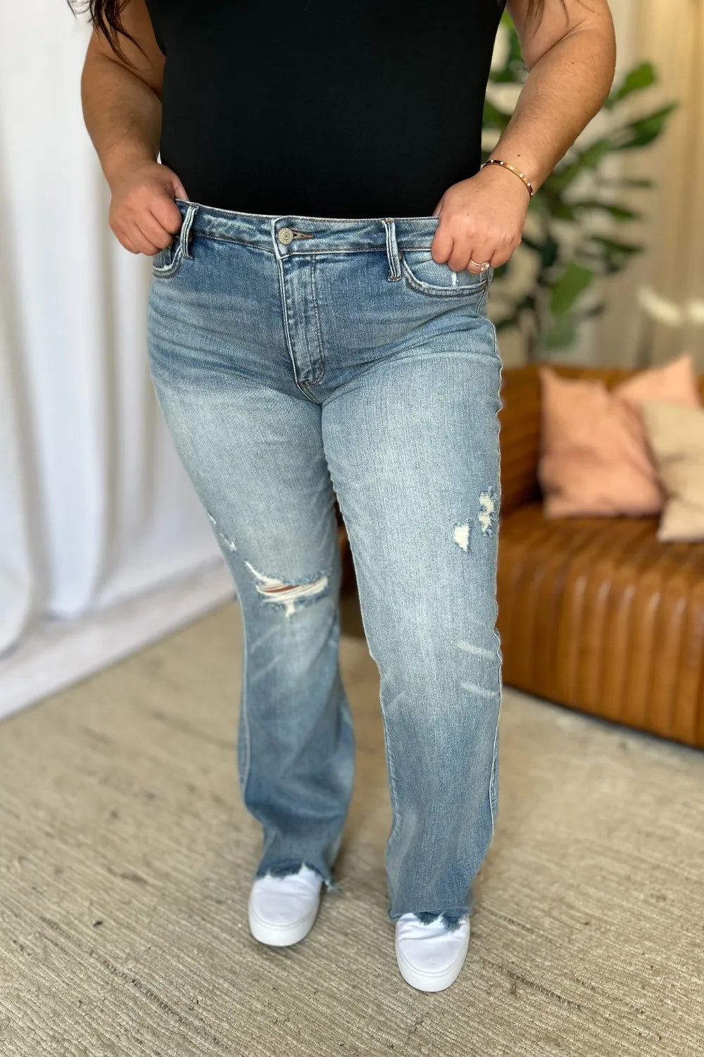 JUDY BLUE Full Size Medium Rise Tummy Control Destroy Flare on Simply Obsessed