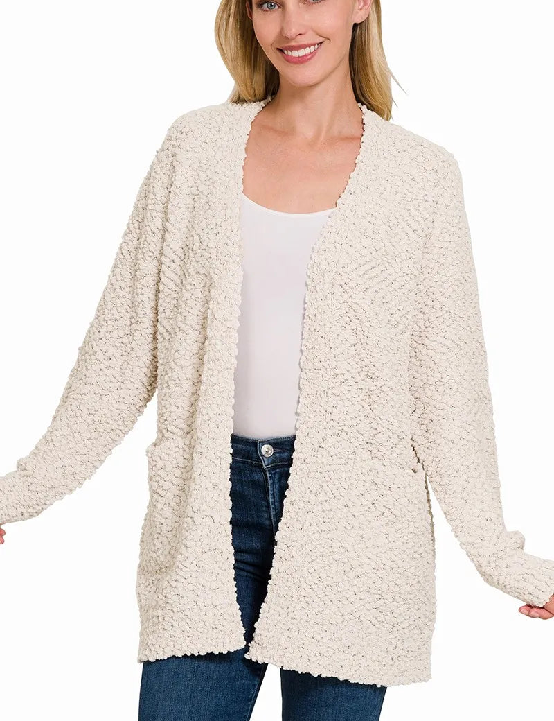ZENANA Long Sleeve Popcorn Sweater Cardigan with Pockets on Simply Obsessed