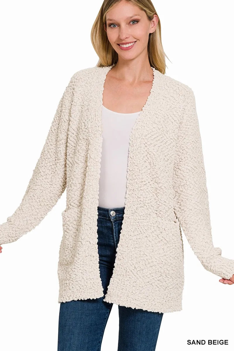 ZENANA Long Sleeve Popcorn Sweater Cardigan with Pockets on Simply Obsessed