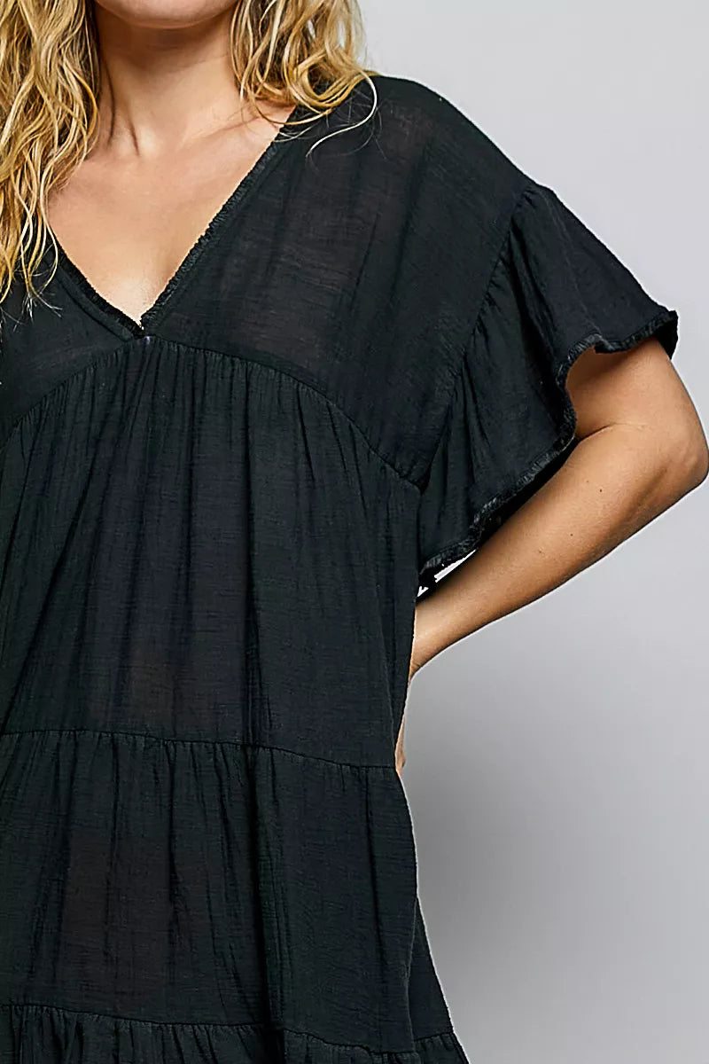 POL Ruffle Shirred V-Neck Short Sleeve Cotton Dress. **FALL DEBUT SALE** on Simply Obsessed