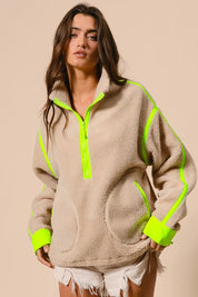 BiBi Contrast Edge Half Zip Up Sherpa Jacket on Simply Obsessed