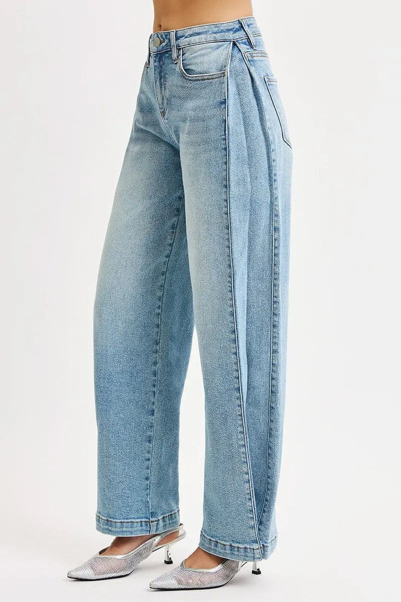 RISEN Mid Rise Wide Barrel Transferable Leg Snap Jeans on Simply Obsessed