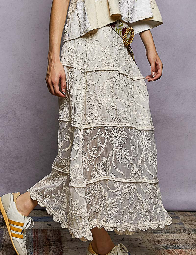 POL Floral Embroidered Tiered Crochet Skirt on Simply Obsessed