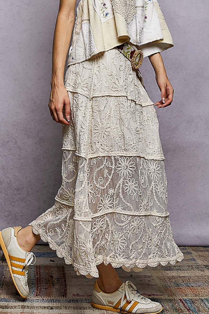 POL Floral Embroidered Tiered Crochet Skirt on Simply Obsessed