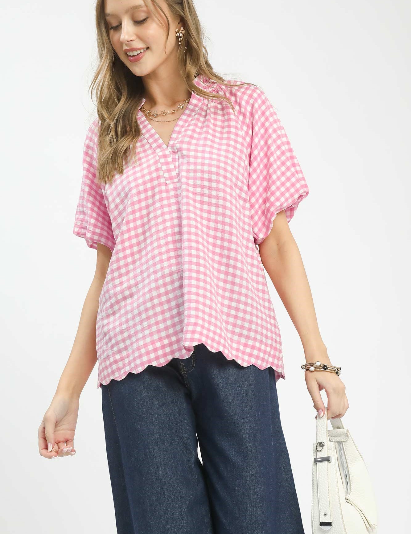 UMGEE Gingham Bubble Sleeve Blouse with Scallop Hem on Simply Obsessed