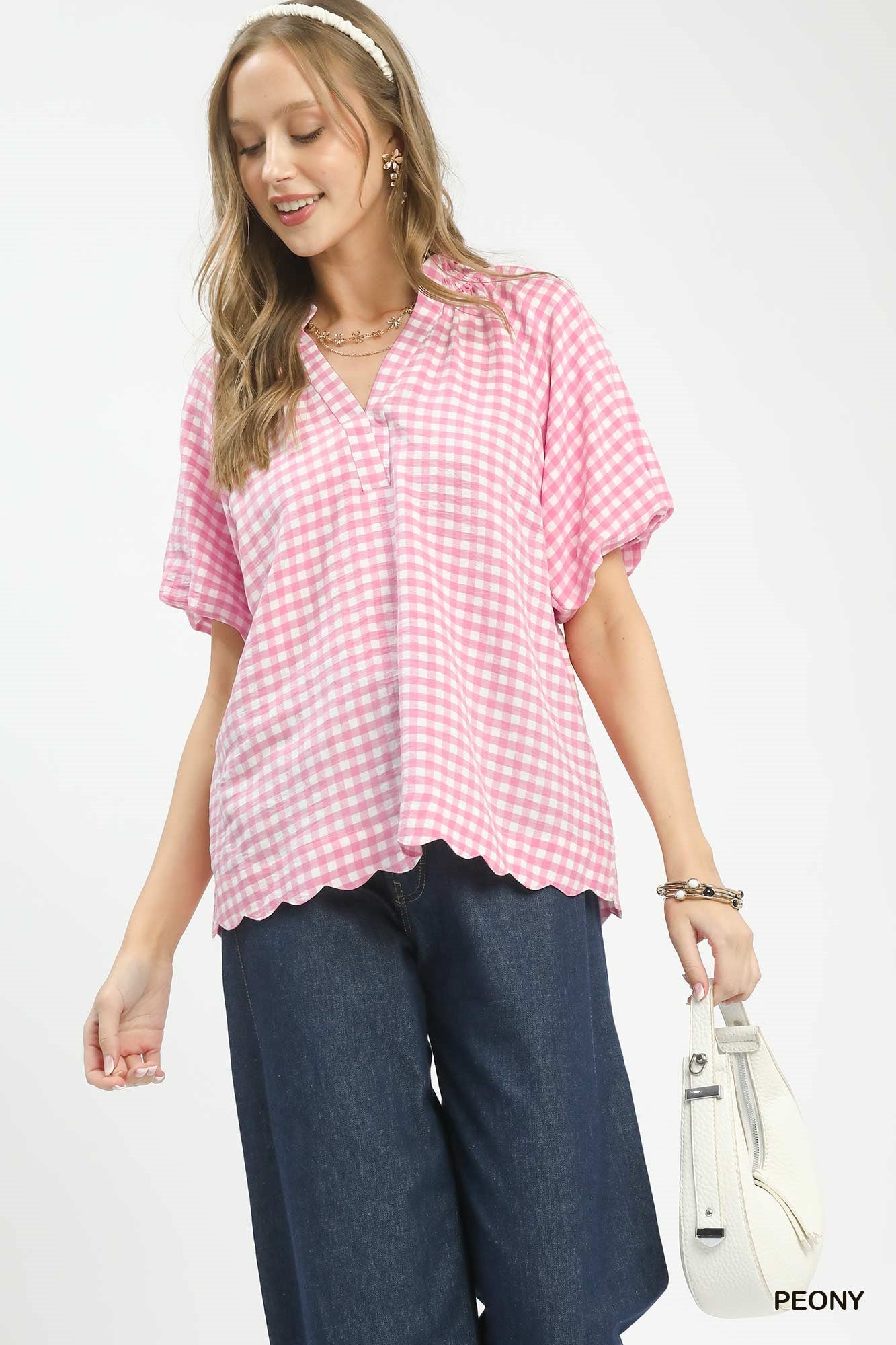 UMGEE Gingham Bubble Sleeve Blouse with Scallop Hem on Simply Obsessed