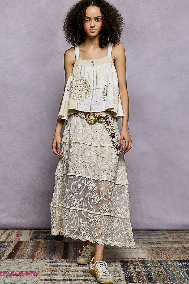 POL Floral Embroidered Tiered Crochet Skirt on Simply Obsessed