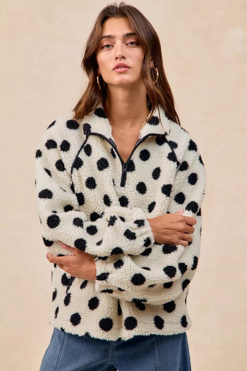 BIBI Polka Dot Sherpa Half Zip Up Top with Side Pocket on Simply Obsessed
