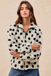 BIBI Polka Dot Sherpa Half Zip Up Top with Side Pocket on Simply Obsessed