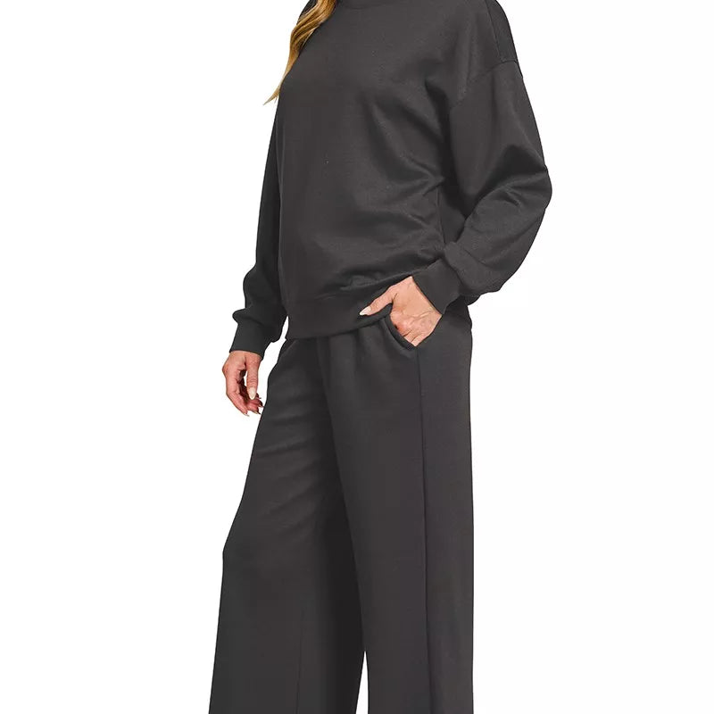 ZENANA Scuba Crewneck Pullover and Pants Set on Simply Obsessed