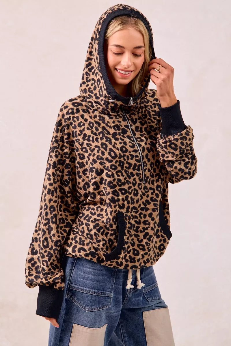 BiBi Leopard Print Waffle Half Zip Up Hoodie W Pocket on Simply Obsessed