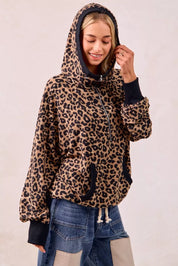 BiBi Leopard Print Waffle Half Zip Up Hoodie W Pocket on Simply Obsessed