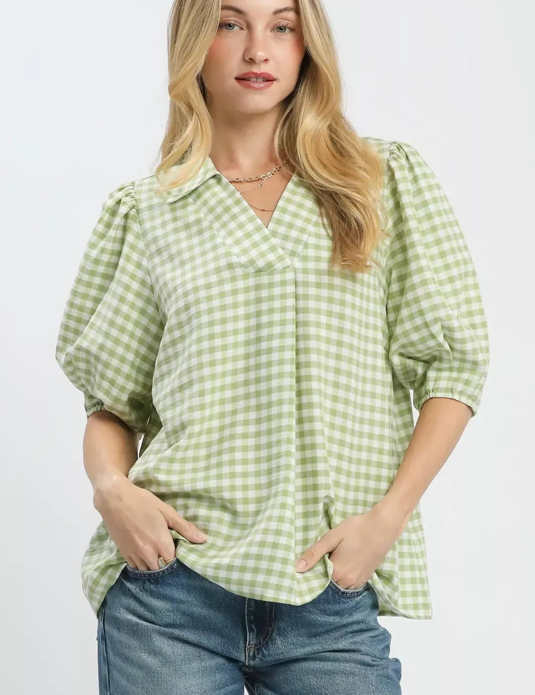 UMGEE Gingham Puff Sleeve Collared Blouse on Simply Obsessed